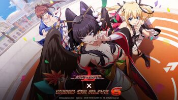 3girls blonde_hair breasts brown_eyes cleavage crossover dead_or_alive dead_or_alive_6 highres kasumi_(doa) langrisser langrisser_mobile large_breasts long_hair marie_rose multiple_girls ninja nyotengu official_art pelvic_curtain ponytail purple_eyes twintails wings