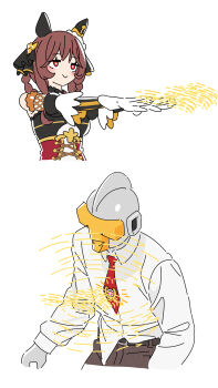 1boy 1girl animal_ears bare_shoulders braid braided_hair_rings bright_pupils brown_hair closed_mouth color_timer commentary_request detached_sleeves dress ear_covers ear_ornament gentildonna_(regina_dei_fiori)_(umamusume) gentildonna_(umamusume) gloves hair_ornament hair_rings hands_up highres horse_ears horse_girl long_hair long_sleeves looking_at_another necktie parody red_eyes red_necktie sarcophage shirt sidelocks silver_skin simple_background smile t-head_trainer_(umamusume) trainer_(umamusume) ultra_beam ultra_series ultraman ultraman_(1st_series) umamusume white_background white_gloves white_pupils white_shirt zetton