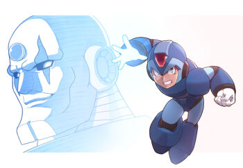 2boys android armor bald blue_armor blue_helmet clenched_hand clenched_teeth evil_eyes facial_mark forehead_jewel full_body gloves glowing glowing_hand green_eyes helmet jewelry looking_at_another may_(nicoseiga_32709921) mega_man_(series) mega_man_maverick_hunter_x mega_man_x_(series) multiple_boys robot robot_ears sigma_(mega_man) teeth white_gloves x_(mega_man)