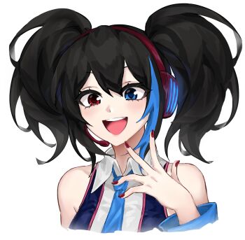 1girl bare_shoulders black_hair blue_eyes blue_hair blue_jacket blue_necktie blue_trim collared_shirt commentary cropped_torso detached_sleeves english_commentary hand_up headphones heterochromia highres jacket long_hair m1yuki_kkul necktie open_mouth red_eyes red_nails shirt simple_background smile solo teeth twintails upper_body upper_teeth_only utau white_background white_shirt yokune_ruko