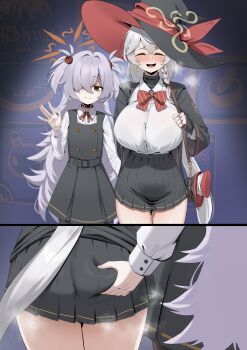 2girls absurdres ass black_dress black_jacket black_pantyhose black_skirt blue_archive blush bow bowtie braid breasts brown_eyes closed_eyes collared_shirt cowboy_shot crossed_bangs deep_skin diagonal-striped_bow diagonal-striped_bowtie diagonal-striped_clothes dress earrings eri_(blue_archive) from_behind grabbing_another&#039;s_ass grey_dress grey_hair groping hair_between_eyes hair_ornament hair_over_one_eye halo hat highres huge_breasts jacket jewelry kanoe_(blue_archive) long_hair long_sleeves looking_at_viewer low-tied_long_hair mojyo multiple_girls multiple_rings open_clothes open_jacket open_mouth orange_halo pantyhose pleated_skirt red_bow red_bowtie red_ribbon ribbon ring shirt shirt_tucked_in side_braid single_braid single_earring skirt smile spammayoss stealth_ass_grab steaming_body striped_bow striped_bowtie striped_clothes sweatdrop very_long_hair white_hair white_shirt wild_hunt_academy_of_arts_logo witch_hat