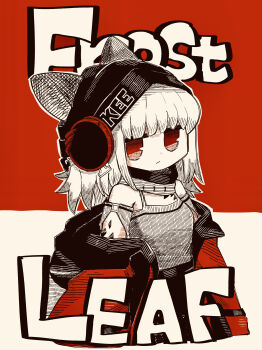 1girl :/ absurdres animal_ears arknights bare_shoulders beanie behind-the-head_headphones character_name chibi commentary_request cowboy_shot ears_through_headwear fox_ears fox_girl frostleaf_(arknights) hat headphones highres implied_extra_ears jitome looking_at_viewer material_growth medium_hair off-shoulder_shirt off_shoulder oripathy_lesion_(arknights) red_background red_eyes sbmsnkmudn shirt simple_background skirt solo spot_color