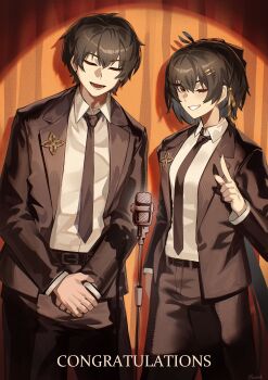 1boy 1girl absurdres black_hair black_jacket black_necktie black_pants breasts closed_eyes commentary congratulations derivative_work dual_persona english_commentary female_rover_(wuthering_waves) fingernails hair_ornament hair_ribbon hairclip highres jacket jujutsu_kaisen leppib looking_at_viewer male_rover_(wuthering_waves) medium_breasts microphone necktie one_eye_closed open_mouth pants parallel_hairclips revision ribbon rover_(wuthering_waves) shirt smile white_shirt wuthering_waves yellow_eyes yellow_ribbon