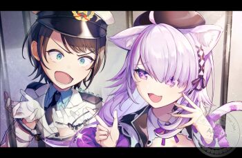 2girls ahoge animal_ear_fluff beret black_hat blue_eyes brown_hair cuffs fang gloves handcuffs hat hololive jacket long_hair looking_at_viewer multiple_girls nekomata_okayu nekomata_okayu_(wonderland) oozora_subaru oozora_subaru_(police) open_mouth police police_hat police_uniform policewoman purple_eyes purple_hair shirt short_hair tarayuki very_long_hair virtual_youtuber white_gloves white_hat white_jacket white_shirt