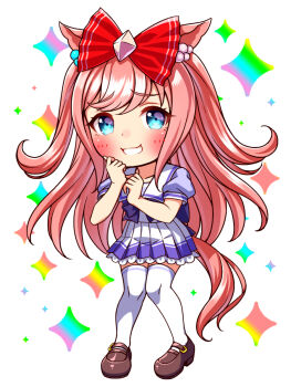 1girl agnes_digital_(umamusume) animal_ears blue_eyes blush bow bowtie breasts chibi chibi_only collarbone commentary_request full_body hair_bow highres horse_ears horse_girl horse_tail long_hair looking_at_viewer open_mouth pink_hair pleated_skirt puffy_short_sleeves puffy_sleeves purple_bow purple_bowtie purple_shirt red_bow sailor_collar sailor_shirt school_uniform shirt shoes short_sleeves skirt smile solo sugimotty_nova tail thighhighs tracen_school_uniform umamusume white_sailor_collar white_skirt white_thighhighs zettai_ryouiki