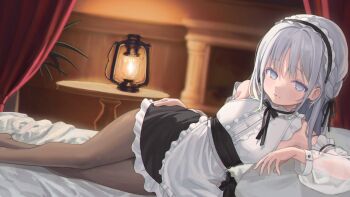 1girl apron black_ribbon black_skirt blue_eyes blurry blurry_background closed_mouth commission detached_sleeves dress_shirt frilled_apron frilled_skirt frills grey_hair hair_ribbon high-waist_skirt highres long_hair long_sleeves lying maid maid_headdress miniskirt on_side original p00nipooni pantyhose ribbon see-through_clothes see-through_sleeves shirt skirt sleeveless sleeveless_shirt solo waist_apron white_apron white_shirt
