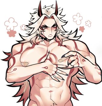 1boy arataki_itto arm_tattoo bandaid bandaids_on_nipples bara black_collar black_nails broad_shoulders chest_tattoo collar collarbone commentary cowboy_shot curtained_hair dante_(rottendevilman) english_commentary facial_mark fingernails forked_eyebrows frown genshin_impact gradient_hair groin hand_on_own_chest highres horns large_pectorals long_hair male_focus multicolored_hair muscular muscular_male o-ring pasties pectorals pink_hair red_horns red_tattoo sharp_fingernails shiny_skin solo spiked_collar spikes standing tattoo very_long_hair white_background white_hair