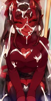 1girl black_hair black_thighhighs blunt_bangs body_freckles bow breast_freckles breasts bukkake cleavage cleavage_cutout closed_eyes closed_mouth clothing_cutout colored_skin commentary cum cum_on_body cum_on_breasts cum_on_clothes cum_on_upper_body demon_girl demon_horns demon_tail earrings english_commentary facial female_focus freckles hair_between_horns hair_bow heart_cutout highres horns indoors jewelry long_hair long_sleeves looking_at_viewer mask mask_around_neck mask_pull medium_breasts meruccubus_(merunyaa) merunyaa mole mole_under_eye mouth_mask oni oni_horns original plaid_clothes plaid_skirt pointy_ears red_horns red_oni red_skin red_skirt red_sweater red_tail sitting skirt smile solo subway surgical_mask sweater tail thighhighs zettai_ryouiki