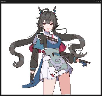 Rule 34 | 1girl, arknights, arknights: endfield, black gloves, black hair, blue gloves, blue horns, blue tail, chen qianyu (arknights), commentary, cow, dragon girl, dragon horns, dragon tail, eastern dragon horns, eastern dragon tail, gamepix, gloves, horns, jacket, long hair, long sleeves, looking at viewer, open clothes, open mouth, pixel art, simple background, smile, solo, standing, symbol-only commentary, tail, twintails, two-tone gloves, unfinished, white background
