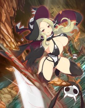 1girl :q bat_(animal) bat_wings black_cape black_garter_belt black_garter_straps black_gloves black_hair black_leotard black_thighhighs blonde_hair blush boots breasts cape cave cave_interior cleavage elbow_gloves fangs garter_belt garter_straps gloves groin groin_tendon hat large_breasts leotard long_hair looking_at_viewer midair mole mole_under_mouth navel non-web_source official_art parted_bangs peace_symbol red_cape red_eyes red_hat revealing_clothes rock scythe senran_kagura senran_kagura_new_wave senran_kagura_shinovi_versus shiki_(senran_kagura) shiny_skin skull skull_print smile solo sparkle stalactite stalagmite thigh_boots thighhighs thighs throwing throwing_weapon tongue tongue_out two-tone_cape two-tone_hat underground water weapon wings yaegashi_nan
