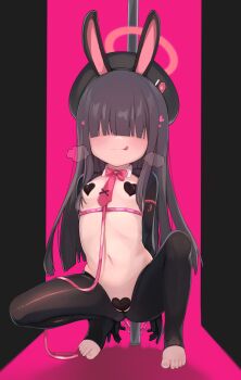 1girl :q absurdres beret black_hair black_hiphighs black_shrug blue_archive blunt_bangs blunt_ends chain covered_erect_nipples detached_collar hair_over_eyes halo hat heart_pasties highres hiphighs justice_task_force_member_(blue_archive) leash loli long_hair pasties pole rabbit_hole_(vocaloid) reverse_bunnysuit reverse_outfit senifu shrug_(clothing) solo squatting stripper_pole toeless_legwear tongue tongue_out