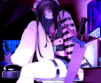 1girl ahoge bandaid chain commentary commission english_commentary eyeball heterochromia highres horns knife long_hair original signal_1120 skeb_commission solo thigh_strap