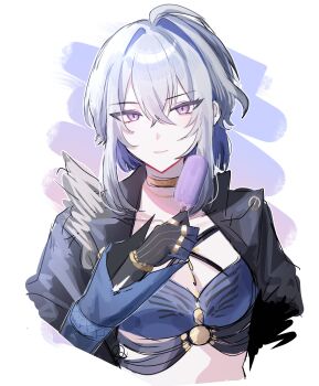 1girl black_jacket blue_bra blue_hair bra breasts closed_mouth colored_inner_hair commentary food galbrena_(wuthering_waves) grey_hair hair_between_eyes highres holding holding_food holding_popsicle jacket looking_at_viewer medium_breasts multicolored_hair popsicle purple_eyes smile solo soyogi_nrso underwear upper_body wuthering_waves