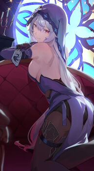 1girl absurdres backless_dress backless_outfit bare_shoulders black_pantyhose black_swan_(honkai:_star_rail) boots card closed_mouth commentary couch dress edible_sus elbow_gloves gloves grey_hair highres holding holding_card honkai:_star_rail honkai_(series) long_hair on_couch pantyhose purple_dress purple_eyes purple_sleeves purple_veil solo tarot tarot_card thigh_boots veil