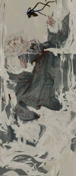 1girl bead_necklace beads black_bow black_bowtie black_eyes black_hat black_ribbon bow bowtie closed_mouth dress eyelashes falling floating_clothes floating_hair frilled_sleeves frills full_body ghost_tail green_dress grey_background hashtag-only_commentary hat hat_loss hat_ribbon hatsburg highres jewelry leaning_back light_blush lipstick long_sleeves looking_at_viewer makeup necklace ofuda ofuda_on_clothes pink_lips pleated_dress realistic ribbon short_dress short_hair simple_background soga_no_tojiko solo tate_eboshi touhou water waterfall wavy_hair white_hair wide_sleeves