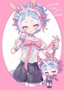 1girl absurdres animal_ears black_shorts blue_hair blush border chest_ribbon choker commentary_request commission food frilled_choker frills highres holding holding_food holding_popsicle horns looking_at_viewer multiple_views okubatomaeba original parted_bangs pink_border pink_eyes pink_ribbon popsicle ribbon shirt short_eyebrows short_hair short_sleeves shorts single_horn skeb_commission star-shaped_pupils star_(symbol) symbol-shaped_pupils tongue tongue_out white_choker white_shirt