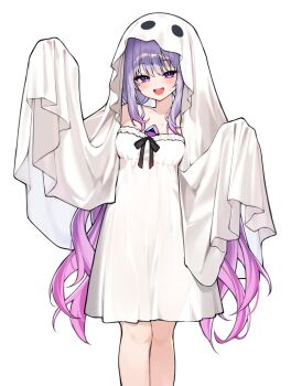 absurdres blush chest_jewel commentary dress feet_out_of_frame gem ghost_costume ghost_pose gradient_hair highres hololive hololive_english jewel_under_eye koseki_bijou loli long_hair looking_at_viewer multicolored_hair open_mouth paid_reward_available pink_hair purple_gemstone purple_hair seion sheet_ghost simple_background sweat teeth upper_teeth_only very_long_hair virtual_youtuber white_background white_dress