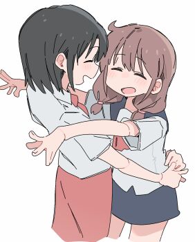 2girls black_hair blue_sailor_collar blue_skirt blush_stickers brown_hair city_(arawi_keiichi) closed_eyes collared_shirt commentary cropped_legs highres hug izumi_riko_(city) izumi_wako multiple_girls neckerchief necktie open_mouth red_neckerchief red_necktie red_skirt sailor_collar school_uniform serafuku shirt short_hair siblings simple_background sisters skirt white_background white_serafuku white_shirt wichimi