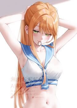 1girl armpits arms_behind_head arms_up bikini blush breasts brown_hair enu_illustip gakuen_idolmaster green_eyes hair_tie highres idolmaster long_hair mouth_hold navel ponytail shiun_sumika solo stomach swimsuit tying_hair upper_body white_bikini