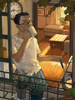 1boy absurdres analog_clock black_eyes black_hair breakfast clock commentary cooking cowboy_shot cup curtains disco_elysium english_commentary frying_pan glasses highres holding holding_cup holding_spatula indoors kim_kitsuragi kozmoraven1610 looking_at_viewer looking_to_the_side male_focus open_window plant potted_plant shirt short_hair solo spatula t-shirt white_shirt window window_light