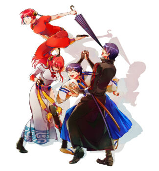 2boys 2girls black_footwear black_hair china_dress chinese_clothes dress dual_persona fingerless_gloves gintama gintama_movie_2:_yorozuya_yo_eien_nare glasses gloves holding holding_umbrella interrupted japanese_clothes kagura_(gintama) long_hair multiple_boys multiple_girls orange_hair pants red_pants red_shirt shadow sheath sheathed shimura_shinpachi shirt short_sleeves shukao sleeves_rolled_up stepped_on time_paradox umbrella