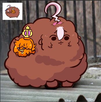 :3 ahoge animalization awooogie beak bird brown_fur crown fluffy hair_between_eyes hairband inset meisho_doto_(umamusume) mini_crown multicolored_hair open_mouth orange_hair photo-referenced photo_inset pink_crown pink_hairband smile t.m._opera_o_(umamusume) two-tone_hair umamusume white_hair wings