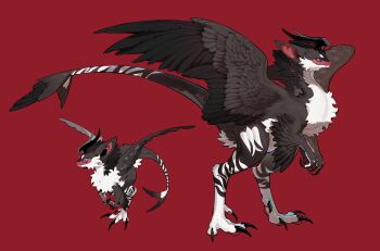 animal_focus bird_tail bird_wings black_horns bul_(moiko) claws evolution fang feathered_wings full_body highres horns monster no_humans original pink_eyes raptor red_background simple_background skin_fang slit_pupils tail wings
