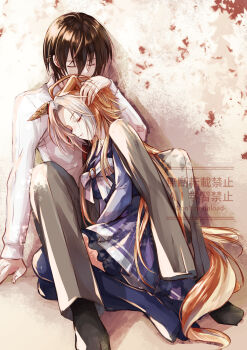 Rule 34 | 1boy, 1girl, ahoge, animal ears, black socks, bow, bowtie, brown hair, closed eyes, collared shirt, commentary request, ear covers, grey jacket, grey pants, highres, horse ears, horse girl, horse tail, jacket, jacket on shoulders, long hair, long sleeves, multicolored hair, orange hair, orfevre (umamusume), pants, parted lips, pleated skirt, purple sailor collar, purple serafuku, purple shirt, purple skirt, purple thighhighs, sailor collar, sailor shirt, school uniform, serafuku, shirt, short hair, single ear cover, sitting between legs, skirt, sleeping, socks, tail, thighhighs, tracen school uniform, trainer (umamusume), two-tone hair, umamusume, white bow, white bowtie, white hair, white shirt, yue (lov n n)