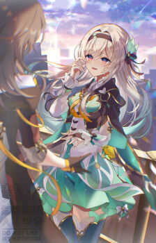 2girls black_gloves black_hairband black_jacket blush breasts bridal_gauntlets cloud cloudy_sky commentary_request crying crying_with_eyes_open dress firefly_(honkai:_star_rail) gloves gradient_hair green_dress green_hair grey_hair hair_intakes hairband highres honkai:_star_rail honkai_(series) jacket long_sleeves looking_at_another medium_breasts multicolored_hair multiple_girls neckerchief open_mouth orange_neckerchief outdoors pink_eyes pink_nails rave_1875 sky smile stelle_(honkai:_star_rail) streaming_tears tears trailblazer_(honkai:_star_rail) watermark white_dress