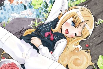 art_trade artist_name ass berry blonde_hair blue_dress blue_eyes blush borrowed_character bow child dated dress elf fish flat_chest leaves long_hair nanaeljustice one_eye_closed original outdoors pantyhose pointy_ears pond red_bow rock shirt smile spread_legs teeth tongue tongue_out upper_teeth_only white_pantyhose white_shirt