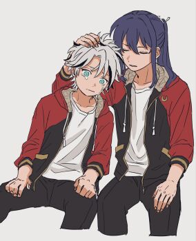 Rule 34 | 2boys, black pants, closed eyes, closed mouth, crescent, crying, crying with eyes open, curtained hair, drawstring, ensemble stars!, furrowed brow, green eyes, grey background, hair between eyes, hair intakes, headpat, highres, invisible chair, jacket, kanzaki souma, leaning on person, long hair, long sleeves, male focus, motoyui, multicolored hair, multiple boys, open clothes, open jacket, pants, parted bangs, parted lips, ponhone pon, ponytail, purple hair, red jacket, shippou (pattern), shirt, short hair, sidelocks, simple background, sitting, spiked hair, streaked hair, taki ibuki, tears, white hair, white shirt, wide-eyed