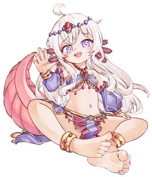 1girl ahoge anklet barefoot blush chaosexceed commentary commentary_request dot_nose english_commentary eyelashes freckles full_body furrowed_brow gem gold_trim highres jewelry loli long_hair looking_at_viewer mixed-language_commentary navel original purple_eyes red_gemstone sharp_teeth simple_background sitting soles solo teeth toes upper_teeth_only waving white_background white_hair