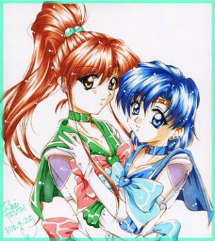 Rule 34 | 1990s (style), 2girls, bishoujo senshi sailor moon, blue eyes, blue hair, blue sailor collar, bow, brooch, brown hair, choker, collar, earrings, elbow gloves, gloves, green skirt, hair bobbles, hair ornament, hairclip, heart, heart brooch, holding, image sample, inner senshi, jewelry, kino makoto, long hair, looking at viewer, lowres, magical girl, mizuno ami, multiple girls, pink bow, ponytail, rai truth, retro artstyle, sailor collar, sailor jupiter, sailor mercury, sailor senshi, school uniform, serafuku, shikishi, short hair, skirt, super sailor jupiter, super sailor mercury, thumbnail, tiara, white background, white gloves, yuri