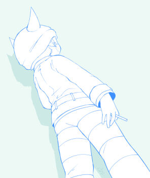 1boy beanie belt between_fingers blue_background blue_theme blush_stickers cigarette collared_jacket colored_lineart cowboy_shot danganronpa_(series) danganronpa_v3:_killing_harmony fake_horns from_behind from_below hat helmet holding holding_cigarette horned_helmet horns hoshi_ryoma jacket leather leather_jacket long_sleeves male_focus monochrome pants r&#039;l_(arul-erur-plant-403) shadow short_hair simple_background sleeve_cuffs solo striped_clothes striped_pants