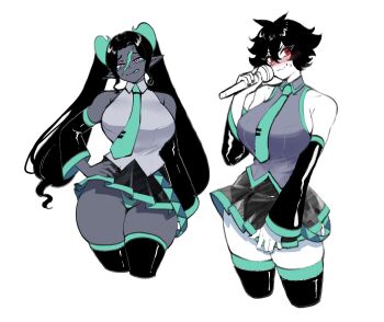 2girls black_hair bloodlight_(nyantcha) breasts commentary cosplay cropped_legs detached_sleeves english_commentary hatsune_miku hatsune_miku_(cosplay) highres large_breasts long_hair mariah_(nyantcha) multiple_girls necktie nyantcha panties scar scar_on_face scar_on_forehead simple_background sister_almonde_(nyantcha) skirt sleeveless thick_thighs thighhighs thighs thong twintails underwear white_background