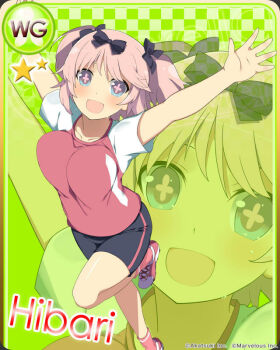 +_+ 1girl :d black_shorts blue_eyes blush bow breasts card_(medium) checkered_background collarbone flower-shaped_pupils green_background gym_shirt gym_shorts gym_uniform hair_bow hibari_(senran_kagura) large_breasts looking_at_viewer marvelous official_art open_mouth outstretched_arms pink_hair pink_pupils red_shirt red_shoes red_shorts red_socks senran_kagura senran_kagura_new_wave senran_kagura_shoujo-tachi_no_shin&#039;ei shirt shoes short_hair short_sleeves short_twintails shorts smile socks solo spread_arms sweat symbol-shaped_pupils t-shirt twintails two-tone_shirt two-tone_shorts white_shirt