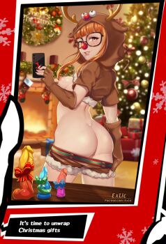 1girl antlers ass belt blush breasts brown_gloves brown_hoodie brown_shorts cellphone christmas christmas_present christmas_tree christmas_wreath clothes_lift clothes_pull english_text exlic fingerless_gloves fire fireplace from_behind gift glasses gloves highres holding holding_phone hood hoodie horns looking_at_viewer looking_back nipples orange_hair parted_lips persona persona_5 phone pulling_own_clothes purple_eyes pussy pussy_peek red_belt red_nose reindeer_antlers sakura_futaba selfie short_shorts shorts shorts_pull small_breasts smartphone solo text_messaging uncensored wreath