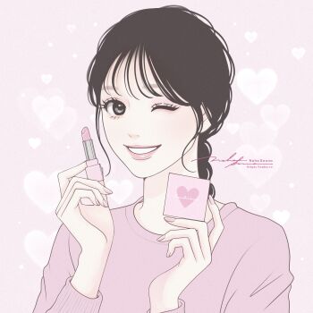 1girl absurdres artist_name black_eyes black_hair cosmetics heart highres lipstick lipstick_tube long_sleeves looking_at_viewer makeup naho_graphics one_eye_closed original pink_background pink_nails pink_shirt shirt simple_background watermark web_address