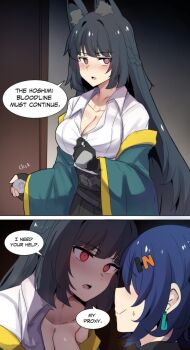 2girls @_@ absurdres animal_ear_fluff animal_ears belle_(zenless_zone_zero) black_hair blue_hair blunt_bangs breasts cleavage closed_mouth door doorknob english_text fox_ears fox_girl hair_ornament highres hinghoi hoshimi_miyabi large_breasts long_hair multiple_girls red_eyes shirt short_hair smile speech_bubble sweatdrop white_shirt yuri zenless_zone_zero
