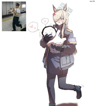 1boy 1girl animal_ears armband artist_name black_gloves black_pants blonde_hair blue_archive blue_armband blue_eyes blue_halo blue_jacket blue_necktie blue_skirt blush carrying carrying_person dog_ears dog_girl doodle_sensei_(blue_archive) embarrassed emblem extra_ears gloves hair_over_one_eye halo heart jacket kai_xin kanna_(blue_archive) long_hair necktie pants police police_uniform policewoman scene_reference sensei_(blue_archive) sharp_teeth sidelocks skirt smile spoken_heart sweatdrop teeth tongue tongue_out white_background yellow_armband