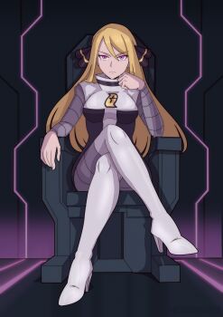 1girl absurdres blonde_hair boots chair corruption crossed_legs cynthia_(pokemon) dark_persona frown full_body hair_ornament high_heel_boots high_heels highres indoors looking_at_viewer nintendo pokemon pokemon_dppt purple_eyes sitting sitting_on_throne solo team_galactic team_galactic_uniform victoria_mikoto white_boots