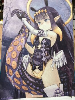 1girl bare_tree black_gloves blonde_hair blue_eyes diamond_hairband dress fur-trimmed_collar fur_trim gloves gradient_hair halo highres hololive hololive_english kitatomisha_hq long_hair low_wings microdress multicolored_hair ninomae_ina&#039;nis painting_(medium) panties photo_(medium) pointy_ears purple_dress purple_hair single_sleeve single_thighhigh slime_(substance) solo strapless strapless_dress tentacle_hair tentacles thighhighs torii traditional_media tree tube_dress underwear virtual_youtuber watercolor_(medium) white_sleeves white_wings wings yellow_halo yellow_panties