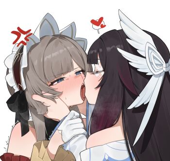 2girls anger_vein black_hair blue_eyes blush closed_eyes columbina_(genshin_impact) commentary_request eye_mask flasso french_kiss genshin_impact gloves grey_hair head_wings highres holding_another&#039;s_wrist kiss long_hair mask multiple_girls sandrone_(genshin_impact) simple_background tongue tongue_out trembling upper_body white_background white_gloves white_headdress white_mask white_wings wings x-shaped_eyewear yuri
