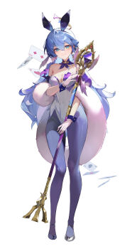Rule 34 | 1girl, absurdres, animal ears, black shoes, blue eyes, blue hair, blue pantyhose, breasts, card, cleavage, commentary, detached collar, double-parted bangs, earrings, english commentary, fake animal ears, feather boa, full body, gloves, hair between eyes, hair intakes, head wings, highres, holding, holding staff, honkai: star rail, honkai (series), jewelry, leotard, long hair, medium breasts, nontraditional playboy bunny, pantyhose, playing card, rabbit ears, robin (honkai: star rail), shoes, simple background, sisiyong, solo, staff, standing, strapless, strapless leotard, white background, white gloves, white leotard, wings, wrist cuffs