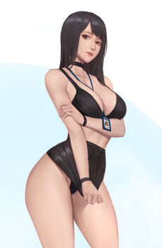 1girl absurdres arm_under_breasts bare_arms bare_shoulders between_breasts black_bra black_choker black_hair black_panties black_skirt bra breasts choker cleavage clothes_pull collarbone commentary cowboy_shot english_commentary forehead grey_eyes highres id_card large_breasts long_hair looking_at_viewer multicolored_hair office_lady original panties parted_bangs parted_lips sherylnome shirt simple_background skirt skirt_tug solo sweat thighs two-tone_hair underwear
