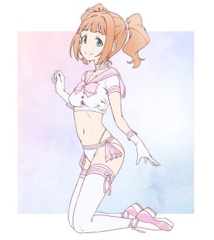 1girl bikini blue_background blunt_bangs border breasts choker closed_mouth collarbone commentary_request covered_erect_nipples curtained_hair dot_nose from_side full_body gloves gradient_background hair_tie hand_up highres idolmaster idolmaster_(classic) idolmaster_million_live! idolmaster_million_live!_theater_days kneeling looking_at_viewer medium_breasts navel orange_hair outside_border pastel_colors pink_background pink_choker pink_ribbon pink_sailor_collar pink_shoes ribbon sailor_bikini sailor_collar school_uniform serafuku shirt shoes short_sleeves sidelocks skinny solo swimsuit takatsuki_yayoi the_end_of_chun thighhighs twintails wavy_hair white_border white_gloves white_serafuku white_shirt white_thighhighs