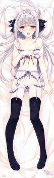 1girl :o absurdres bed_sheet black_thighhighs bra bra_pull breasts clothes_pull dakimakura_(medium) dress female_focus full_body garter_belt grey_hair highres huge_filesize legs lying nipples on_side panties panty_pull pink_eyes sakurakouji_luna school_uniform sheet_grab small_breasts solo suzuhira_hiro thighhighs tsuki_ni_yorisou_otome_no_sahou underwear white_bra white_panties