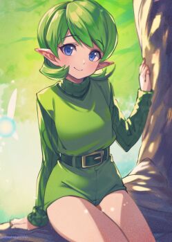 1girl belt blue_eyes blush commentary dress elf green_belt green_dress green_hair green_hairband green_sweater hairband highres in_tree kokiri medium_hair nintendo pointy_ears saria_(zelda) shuri_(84k) sitting sitting_in_tree smile solo sweater the_legend_of_zelda the_legend_of_zelda:_ocarina_of_time thighs tree