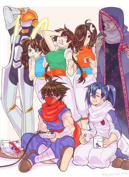 3girls 4boys :d :i anger_vein angry blue_hair braid brown_hair controller cup facepalm game_controller grand_master_meio hair_between_eyes hair_over_one_eye highres holding holding_controller holding_cup holding_game_controller indian_style leo_tail long_hair looking_at_another mask mouth_mask mug multiple_boys multiple_girls open_mouth pei_pooh playing_games ponytail red_mask red_nails sai_pooh seiza short_hair sitting slippers smile solo_(strider) strider_(video_game) strider_hien strider_hiryuu sweat tong_pooh twin_braids twintails