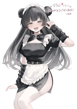 1girl above-cleavage_cutout artist_name belt black_belt black_dress black_hair black_sleeves blunt_ends breasts brown_eyes buckle china_dress chinese_clothes clothing_cutout commentary commission commissioner_name detached_sleeves double-parted_bangs double_bun dress fangs floral_print floral_print_dress hair_bun hand_up headdress heart heart-shaped_buckle heart_belt hiizumi_rinne large_breasts long_hair looking_at_viewer maid open_mouth print_dress pushpin qi_maid rose_print sakura_no_sekai short_sleeves side_slit simple_background skeb_commission smile solo teeth thighhighs translated tsuruse upper_teeth_only white_background white_thighhighs